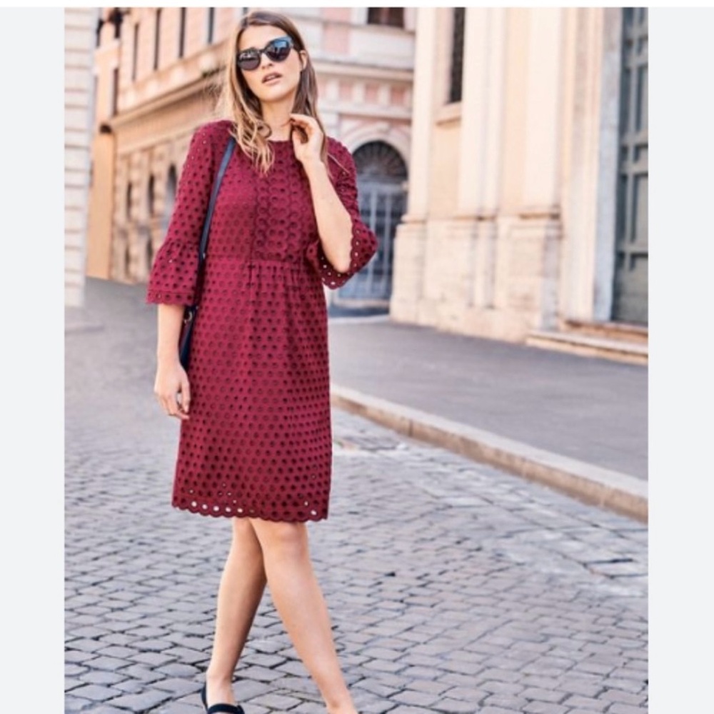 Boden Scalloped Eyelet Dress Women 2R Red Burgundy Midi Broderie Festival Preppy
